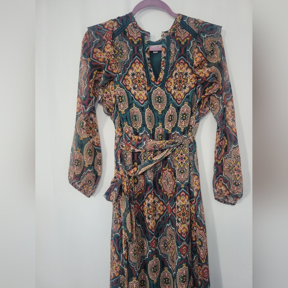 LOFT Spring 2024 Maxi Dress XS Boho Medallion Print Braided Details Teal Gold